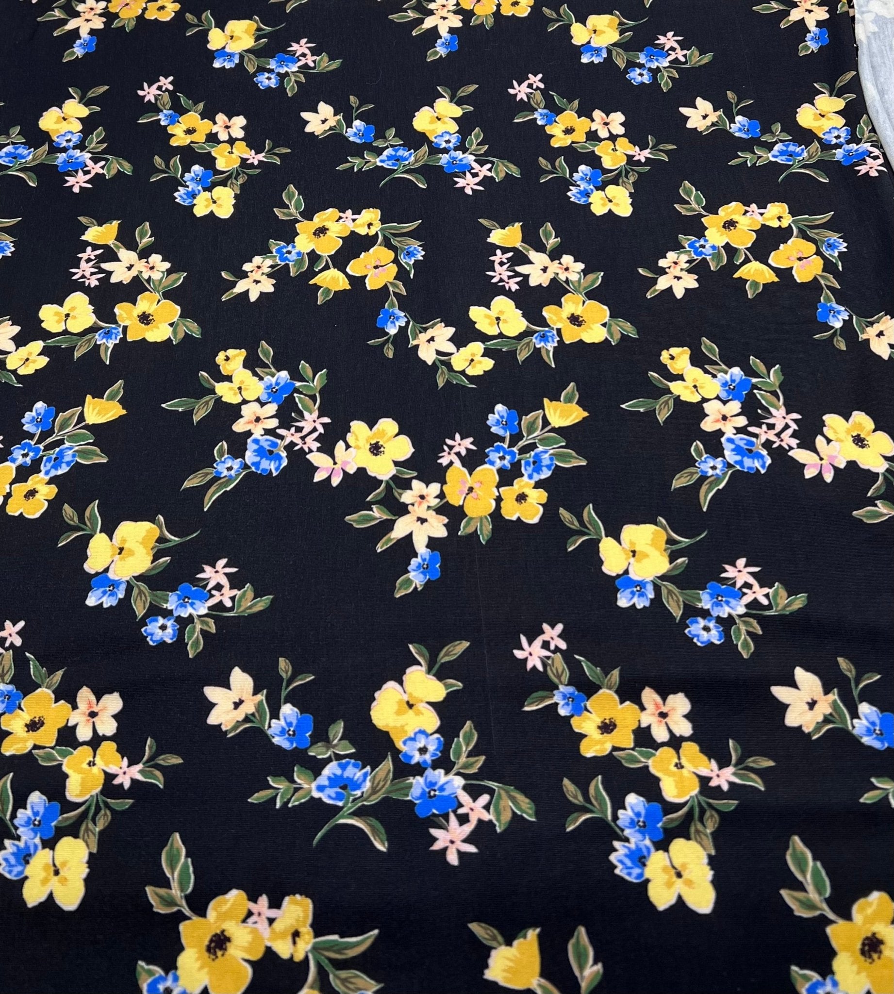 Yellow Floral Blooms Print Viscose Elastane 4 Way Stretch Fabric - T9 Fabrics